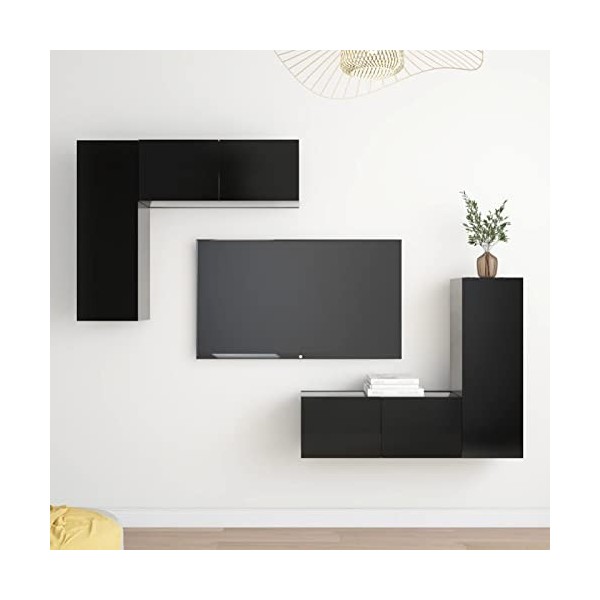 Tidyard Ensemble de Meubles TV Lot de 4 Noir Aggloméré, Banc TV avec Compartiments de Stockage, Montage Mural Support de Télé