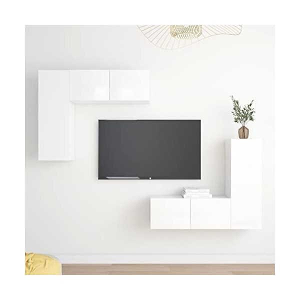 Tidyard Ensemble de Meubles TV Lot de 4 Noir Aggloméré, Banc TV avec Compartiments de Stockage, Montage Mural Support de Télé