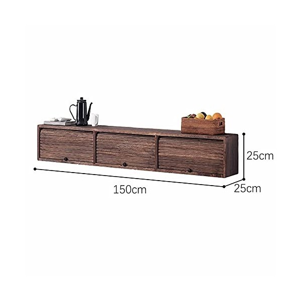 Banc TV Flottant, Meuble TV Armoire Murale Lowboard en Bois Massif avec 3 Compartiments de Rangement, Meuble TV Suspendu Pour