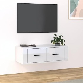 Hovothy Meuble TV Suspendu Blanc Brillant 80x36x25 cm Bois dingénierie Armoire Télévision Décoration Salon Intérieure Dessus