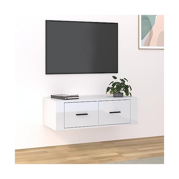 Hovothy Meuble TV Suspendu Blanc Brillant 80x36x25 cm Bois dingénierie Armoire Télévision Décoration Salon Intérieure Dessus