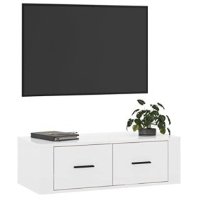 Hovothy Meuble TV Suspendu Blanc Brillant 80x36x25 cm Bois dingénierie Armoire Télévision Décoration Salon Intérieure Dessus
