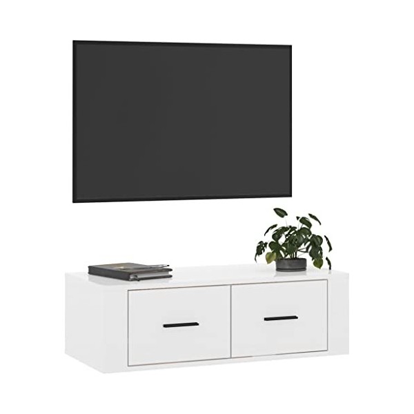 Hovothy Meuble TV Suspendu Blanc Brillant 80x36x25 cm Bois dingénierie Armoire Télévision Décoration Salon Intérieure Dessus