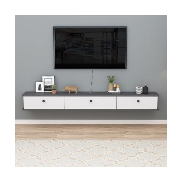 Support de Meuble TV Mural Flottant avec Prise de Courant, Console multimédia Murale avec Trous pour câbles, Support de Range