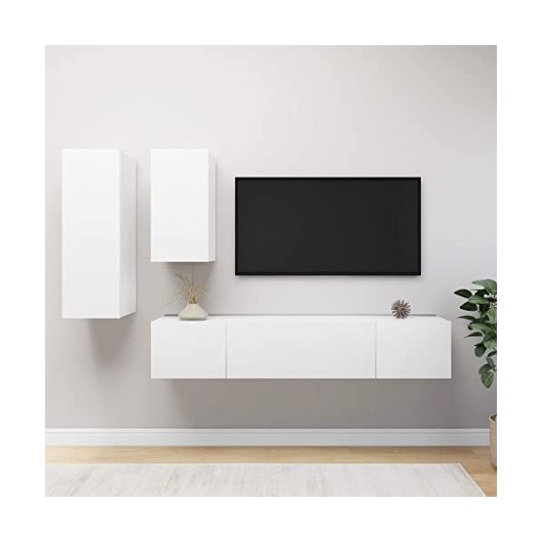 Ensemble de Meuble TV 4 pcs Blanc Aggloméré - Meuble TV de Salon Banc Télé Industriel, Support Rangement Console Jeux Etagère
