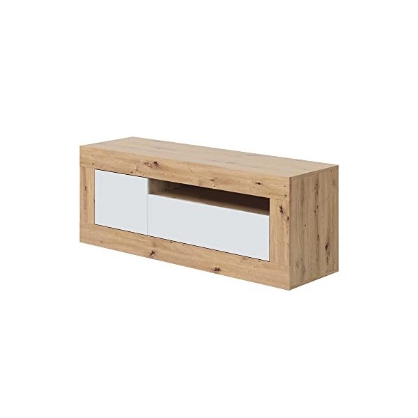 PEGANE Meuble TV en mélamine Coloris Blanc artik/chêne - Hauteur 53 x Longueur 139 x Profondeur 42 cm