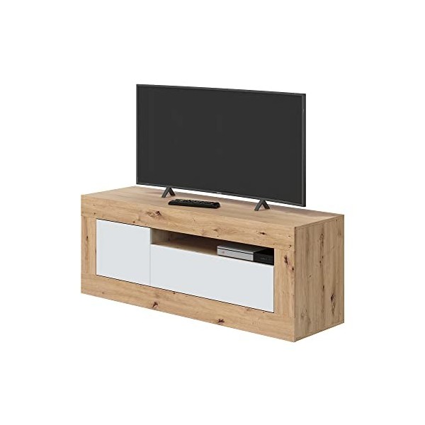 PEGANE Meuble TV en mélamine Coloris Blanc artik/chêne - Hauteur 53 x Longueur 139 x Profondeur 42 cm