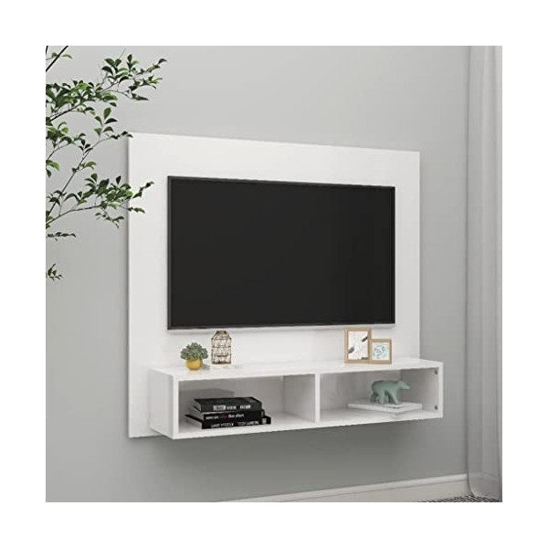 Keyur Meuble TV Suspendu, Meuble TV Mural Design Étagère Murale pour Télévision Meuble TV Mural Blanc Brillant 102x23,5x90 cm
