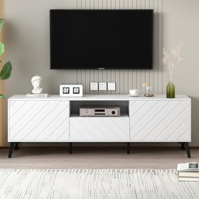 HAINEW Meuble TV moderne blanc avec 2 portes et 1 tiroir - 170 cm de long - Avec séparateurs réglables et pieds en métal - Po