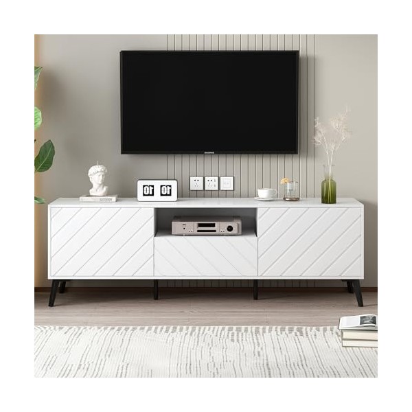 HAINEW Meuble TV moderne blanc avec 2 portes et 1 tiroir - 170 cm de long - Avec séparateurs réglables et pieds en métal - Po