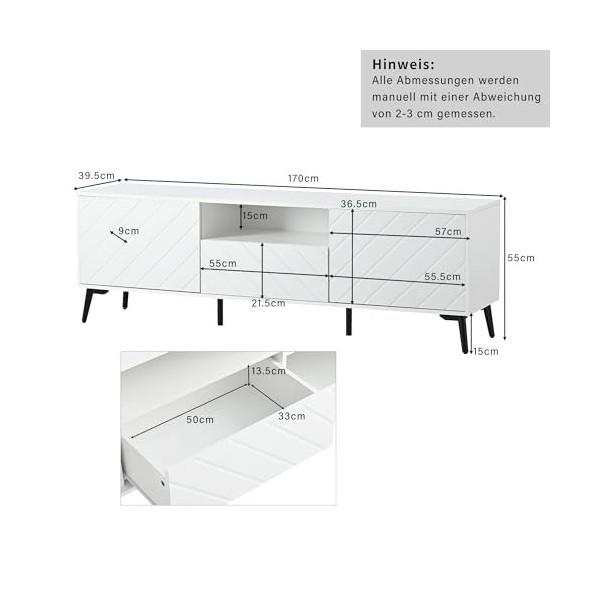 HAINEW Meuble TV moderne blanc avec 2 portes et 1 tiroir - 170 cm de long - Avec séparateurs réglables et pieds en métal - Po