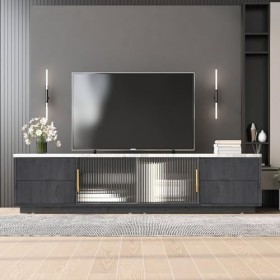 Meuble TV moderne gris avec verre, 2 portes et 4 tiroirs, 160 cm de long, avec plateau en marbre et gestion des câbles pour l