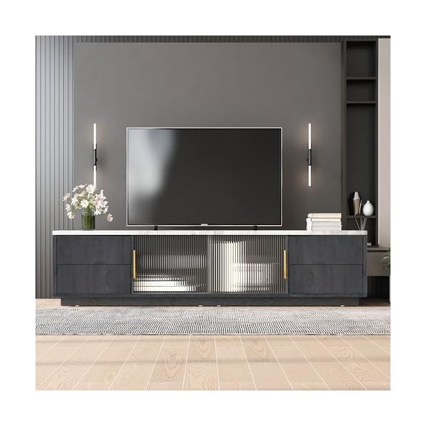 Meuble TV moderne gris avec verre, 2 portes et 4 tiroirs, 160 cm de long, avec plateau en marbre et gestion des câbles pour l