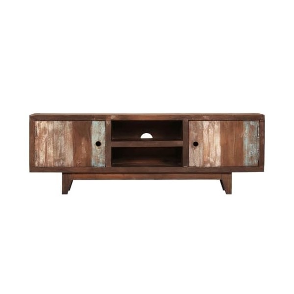 Meuble TV en Bois Massif – Console Rustique de Style Vintage en Acacia – Rangement multimédia 118 cm – Meuble TV Unique-Brun