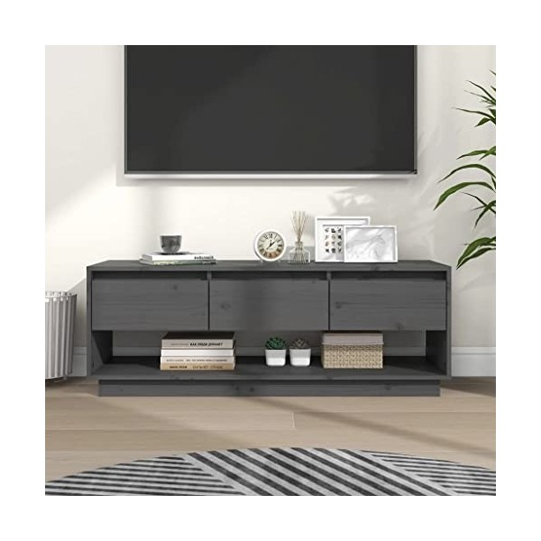LEDSIX Meuble TV gris 110,5 x 34 x 40 cm en pin massif pour centres de divertissement et meubles TV
