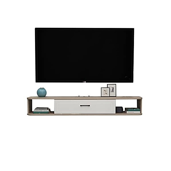 Console de Meuble TV en Bois Massif, Centre de Divertissement Média Mural 100/120/140cm, Étagère de Composants de Meuble TV F