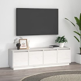 JUNZAI Meuble TV Blanc 156x37x45 cm Bois de pin Massif,Table Television Salon,Meuble Télé Haut,Meuble TV Haut