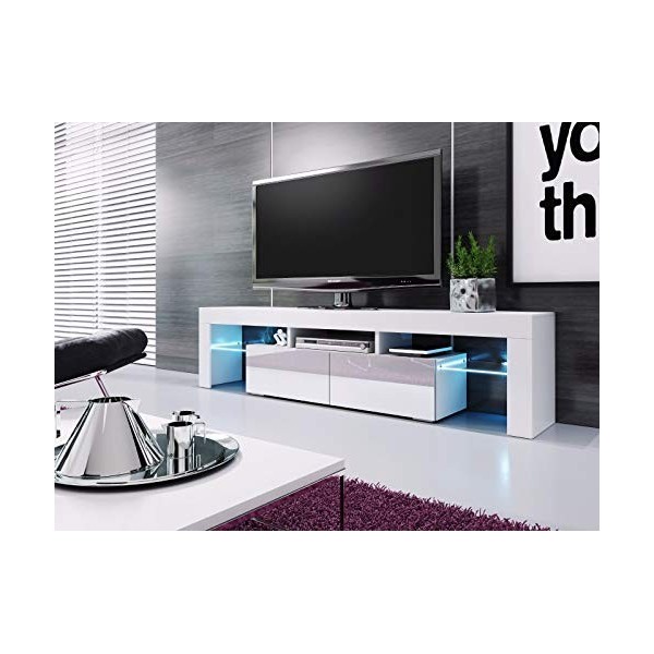 BALTIC MEUBLES Meuble Banc TV Blanc Laque - 1M90 - LEDs FOURNIES
