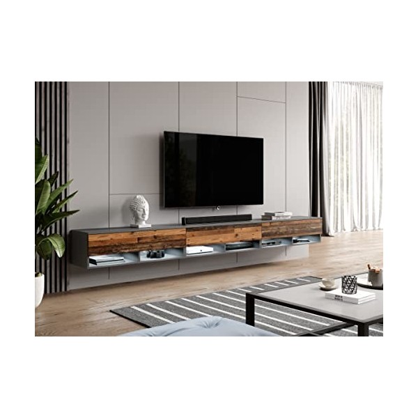 Furnix Alyx - Meuble TV bas - 300 x 34 x 32 cm l x H x P - Sans éclairage LED - 6 compartiments avec porte « Push-Click » -