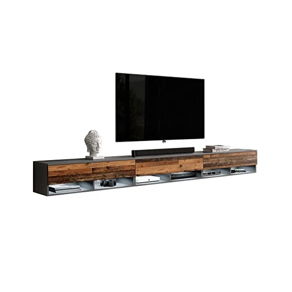 Furnix Alyx - Meuble TV bas - 300 x 34 x 32 cm l x H x P - Sans éclairage LED - 6 compartiments avec porte « Push-Click » -