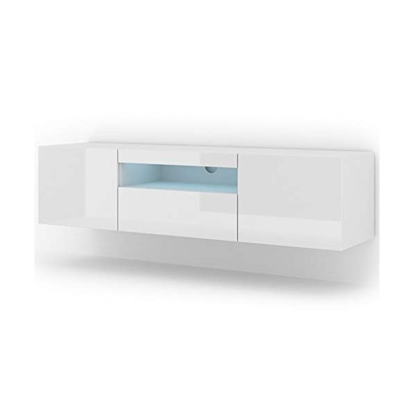 Aura - Armoire basse Hi-Fi pour TV - 150 cm - Universelle - À suspendre ou à poser - Avec LED - Blanc brillant