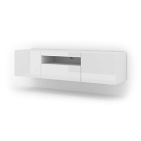 Aura - Armoire basse Hi-Fi pour TV - 150 cm - Universelle - À suspendre ou à poser - Avec LED - Blanc brillant