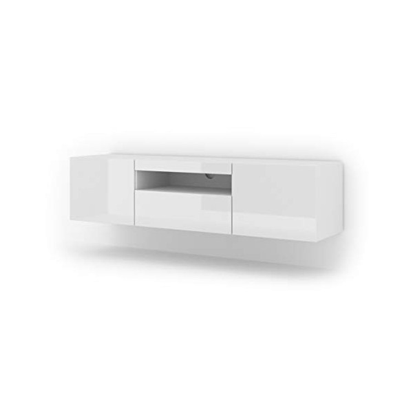 Aura - Armoire basse Hi-Fi pour TV - 150 cm - Universelle - À suspendre ou à poser - Avec LED - Blanc brillant