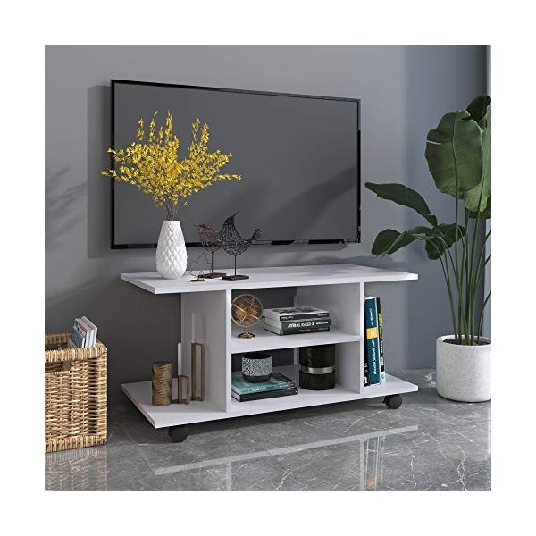 HOMCOM Meuble TV Bas à roulettes avec étagère Panneaux de Particules Blanc