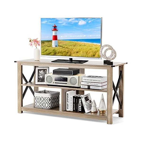 GOPLUS Meuble TV avec 3/4 Compartiments Ouverts, Support de Télévision avec 5 Pieds Solides pour TV Jusquà 55", Banc TV Mode