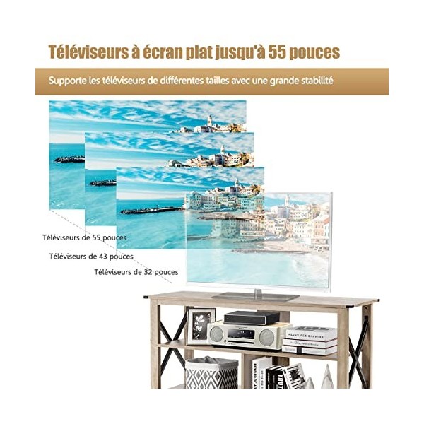 GOPLUS Meuble TV avec 3/4 Compartiments Ouverts, Support de Télévision avec 5 Pieds Solides pour TV Jusquà 55", Banc TV Mode