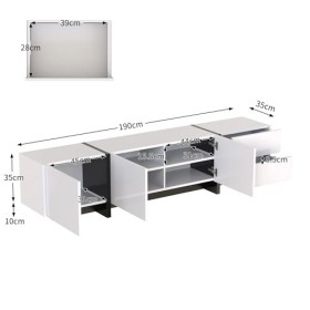 Meuble TV bas avec pieds en noir et blanc brillant avec portes et tiroirs, portes avec étagères, lignes simples blanc 