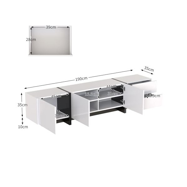 Meuble TV bas avec pieds en noir et blanc brillant avec portes et tiroirs, portes avec étagères, lignes simples blanc 