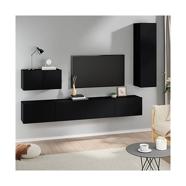 JUNZAI Ensemble de Meubles TV 4 pcs Noir Bois dingénierie,Meuble TV,Table Basse Salon Meuble TV,Table Basse LED Couleurs