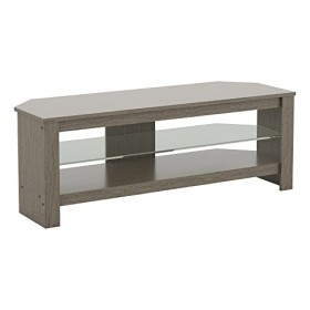 mahara Meuble TV dangle en placage de bois gris avec étagère en verre – Support TV pour TV max 55" – Meuble TV moderne pour 
