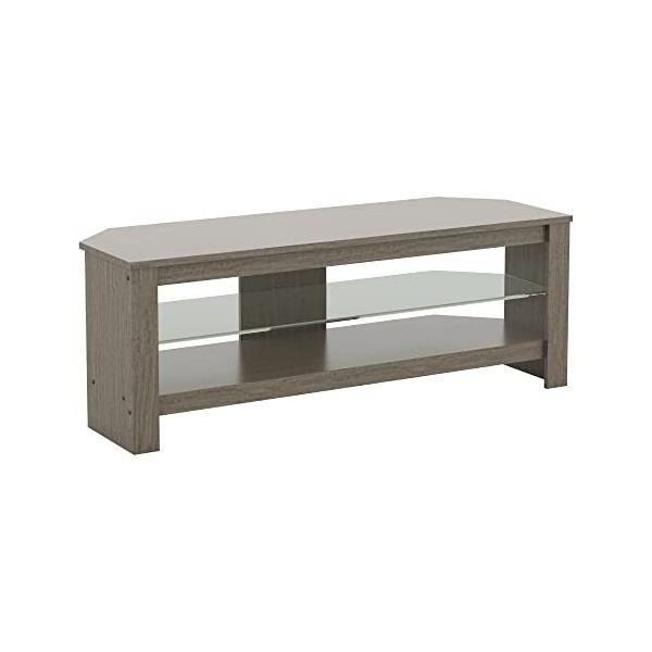 mahara Meuble TV dangle en placage de bois gris avec étagère en verre – Support TV pour TV max 55" – Meuble TV moderne pour 