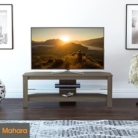mahara Meuble TV dangle en placage de bois gris avec étagère en verre – Support TV pour TV max 55" – Meuble TV moderne pour 