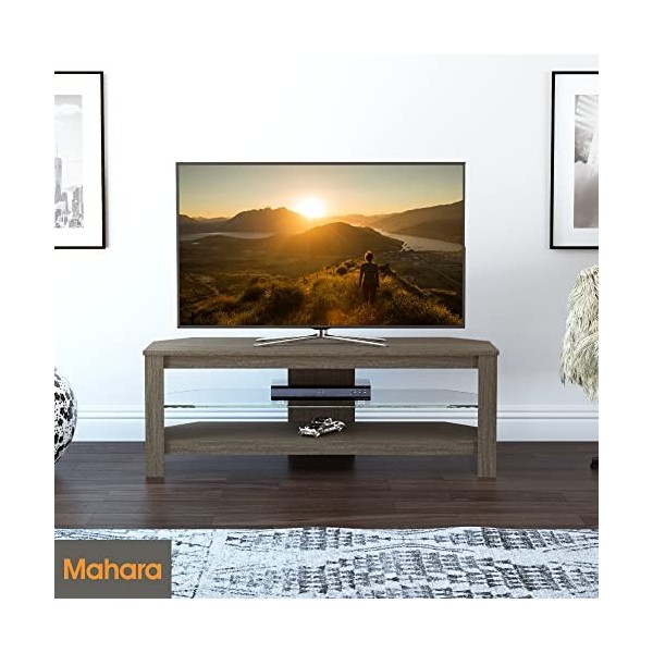 mahara Meuble TV dangle en placage de bois gris avec étagère en verre – Support TV pour TV max 55" – Meuble TV moderne pour 