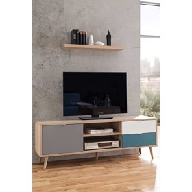 Générique Cuba Meuble TV scandinave décor Chene, Gris, Blanc et Bleu pétrole - L 150 cm