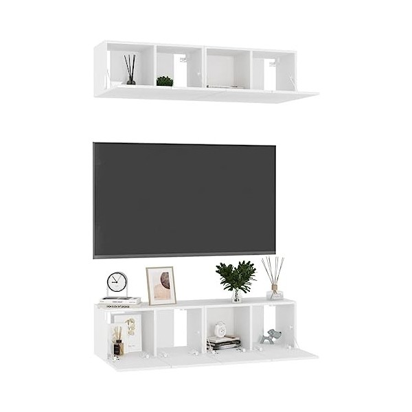 Hotorun Lot de 4 meubles TV pour le salon - 60 x 30 x 30 cm - Matériau du bois - Blanc brillant - Armoire murale tendance - E
