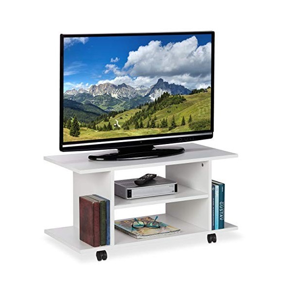 relaxdays Meuble TV sur Roues, 4 Compartiments Ouverts, Table d’appoint Mobile, pour appareils, CDs, DVDs,HlP40x80x40cm, Pann
