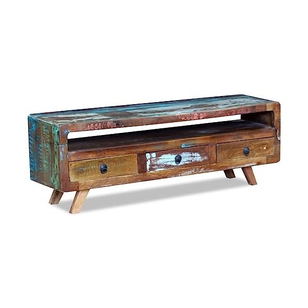 Meuble TV avec 3 tiroirs Bois de récupération Massif - Table TV Support de Télévision en Bois pour Salon Chambre Salle à Mang