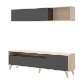 PEGANE Meuble TV + étagère Murale Coloris Chêne Naturel/Graphite -&nbsp;Longueur 180 x Hauteur 180 x Profondeur 41 cm