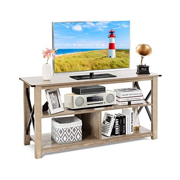 COSTWAY Meuble TV 120 CM, Banc TV à 3 Niveaux avec Etagères Ouvertes, Passe-Câbles Pratique et Cadre Résistant en X, pour Tél