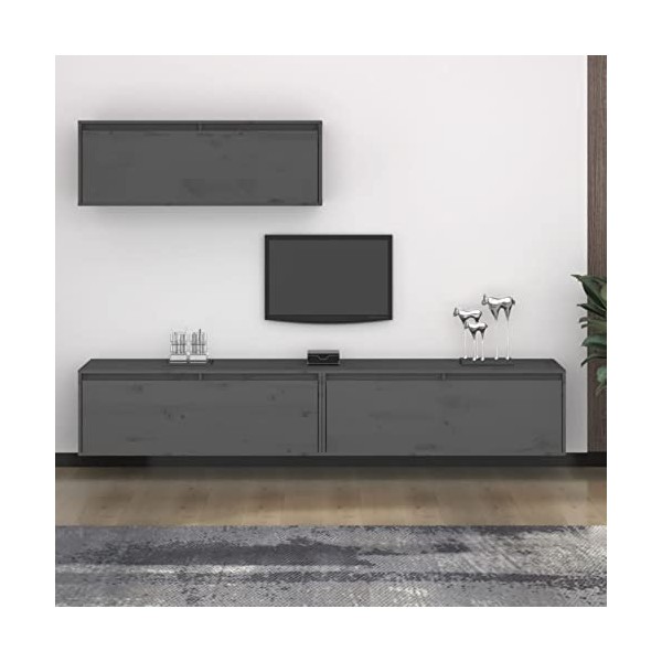 JUNZAI Meubles TV 3 pcs Gris Bois Massif de pin,Meuble Haut Salon,Meuble dangle TV,Meuble TV Étagère