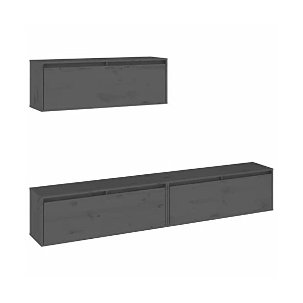 JUNZAI Meubles TV 3 pcs Gris Bois Massif de pin,Meuble Haut Salon,Meuble dangle TV,Meuble TV Étagère