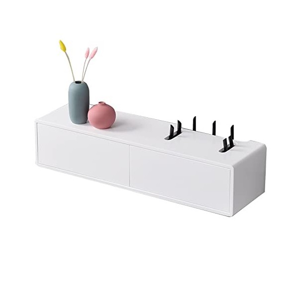Meuble TV Mural Boîte de Rangement pour routeur WiFi, 23,6/31,4 Pouces Meuble TV Flottant Mural sans Perforation Blanc, Prise