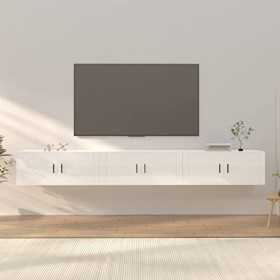 JUNZAI Meubles TV muraux 3 pcs Blanc Brillant 100x34,5x40 cm,Meuble Haut Salon,Meuble TV Étagère,Meuble dangle TV