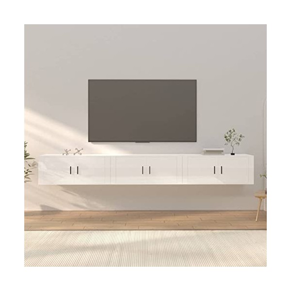 JUNZAI Meubles TV muraux 3 pcs Blanc Brillant 100x34,5x40 cm,Meuble Haut Salon,Meuble TV Étagère,Meuble dangle TV