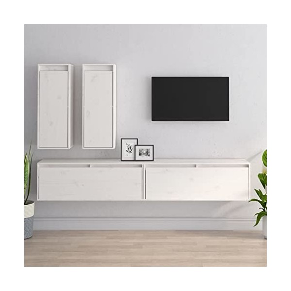 JUNZAI Meubles TV 4 pcs Blanc Bois Massif de pin,Table Basse Salon Meuble TV,Meuble TV,Table Basse Couleurs