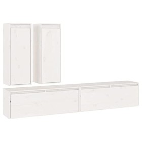 JUNZAI Meubles TV 4 pcs Blanc Bois Massif de pin,Table Basse Salon Meuble TV,Meuble TV,Table Basse Couleurs